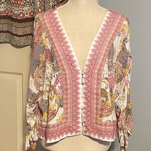 Free People Pink Paisley Print Cropped V-Neck Button-Up Blouse, Size S/P